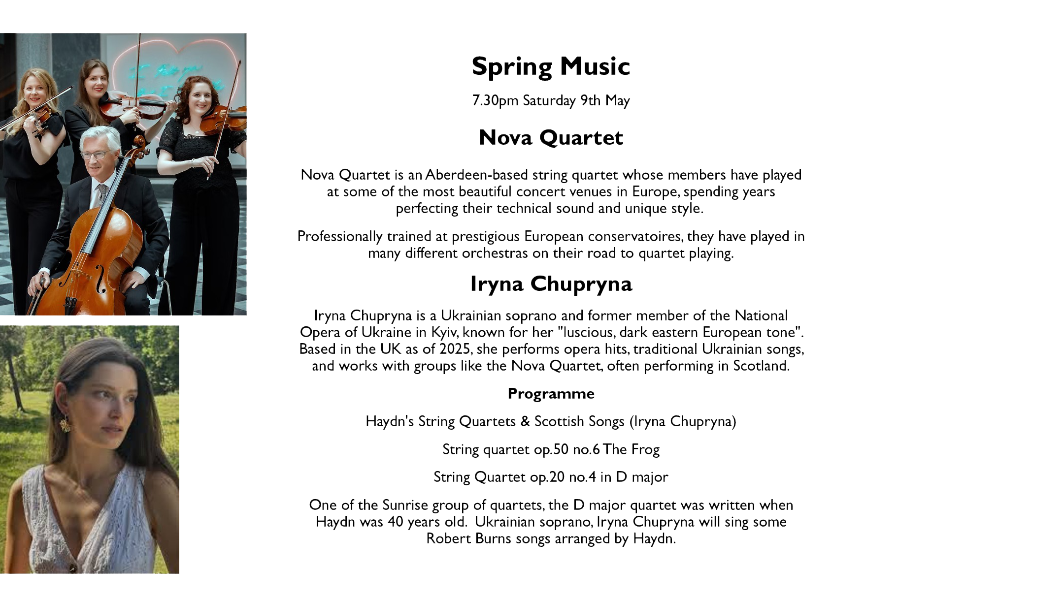 Spring Music, Haydn String Quartets played by Nova Quartet, The Old Kirk 7.30pm