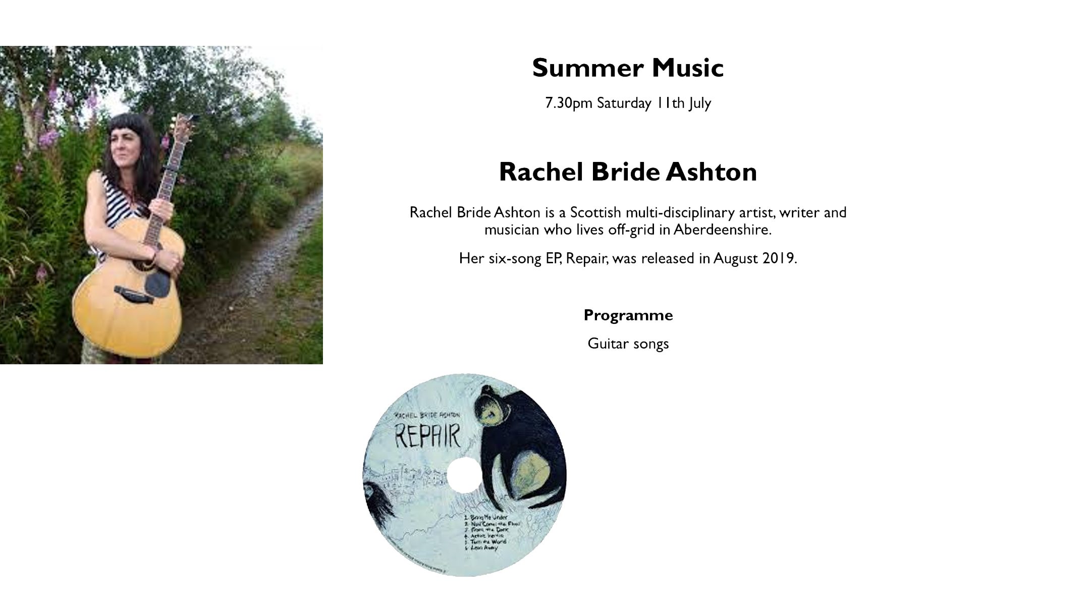 Summer Music Songs, Rachel Bride Ashton and guitar songs, The Old Kirk 7.30pm