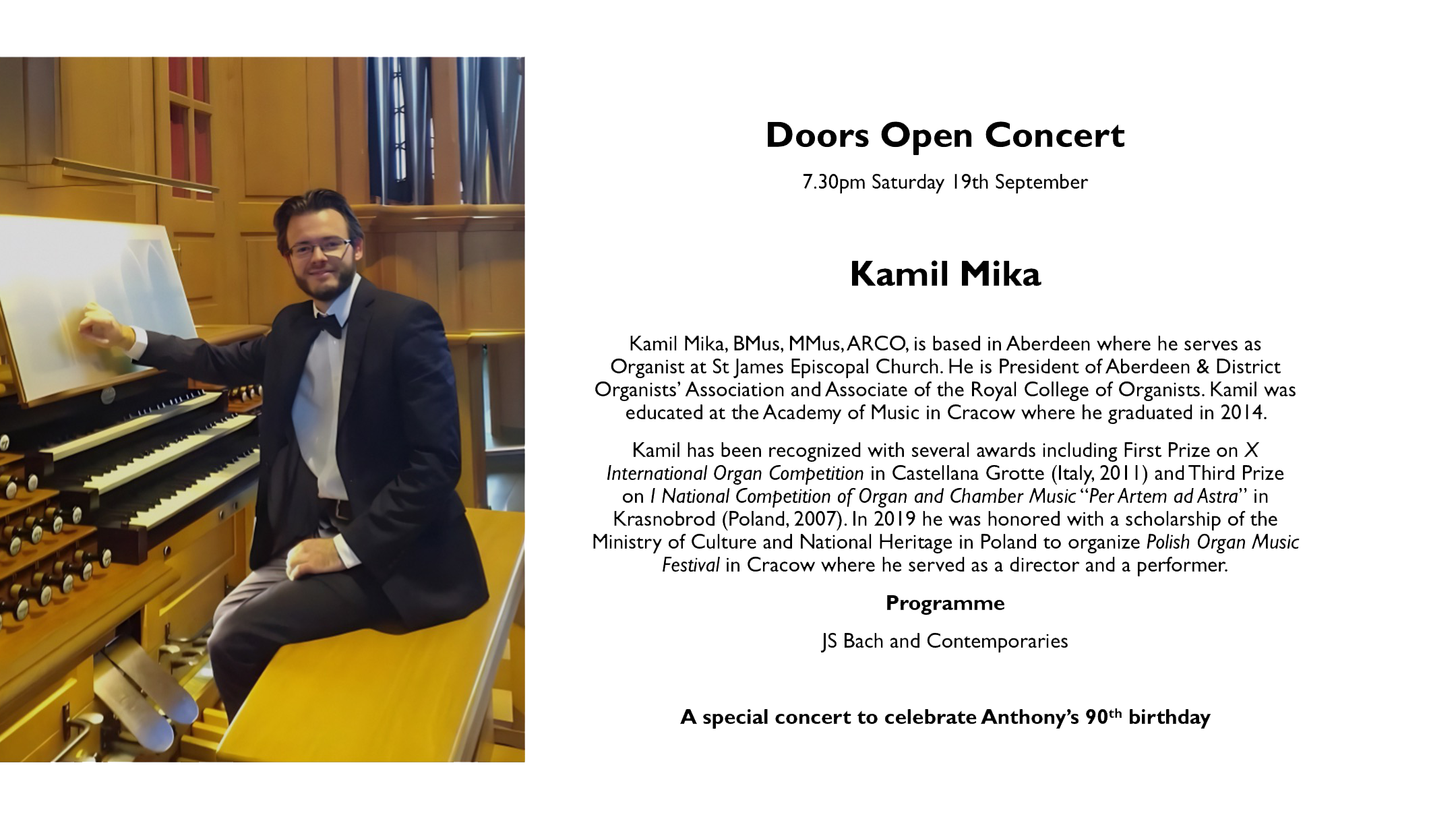 Kamil Mika Organ Recital, JS Bach and contemporaries, The Old Kirk 7.30pm