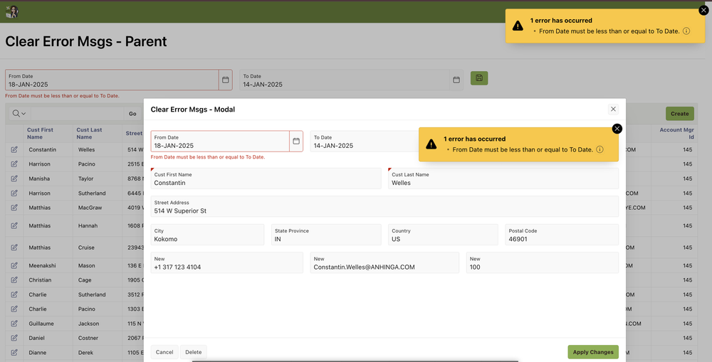 How to Clear Error Messages from Parent Pages in Oracle APEX Modals