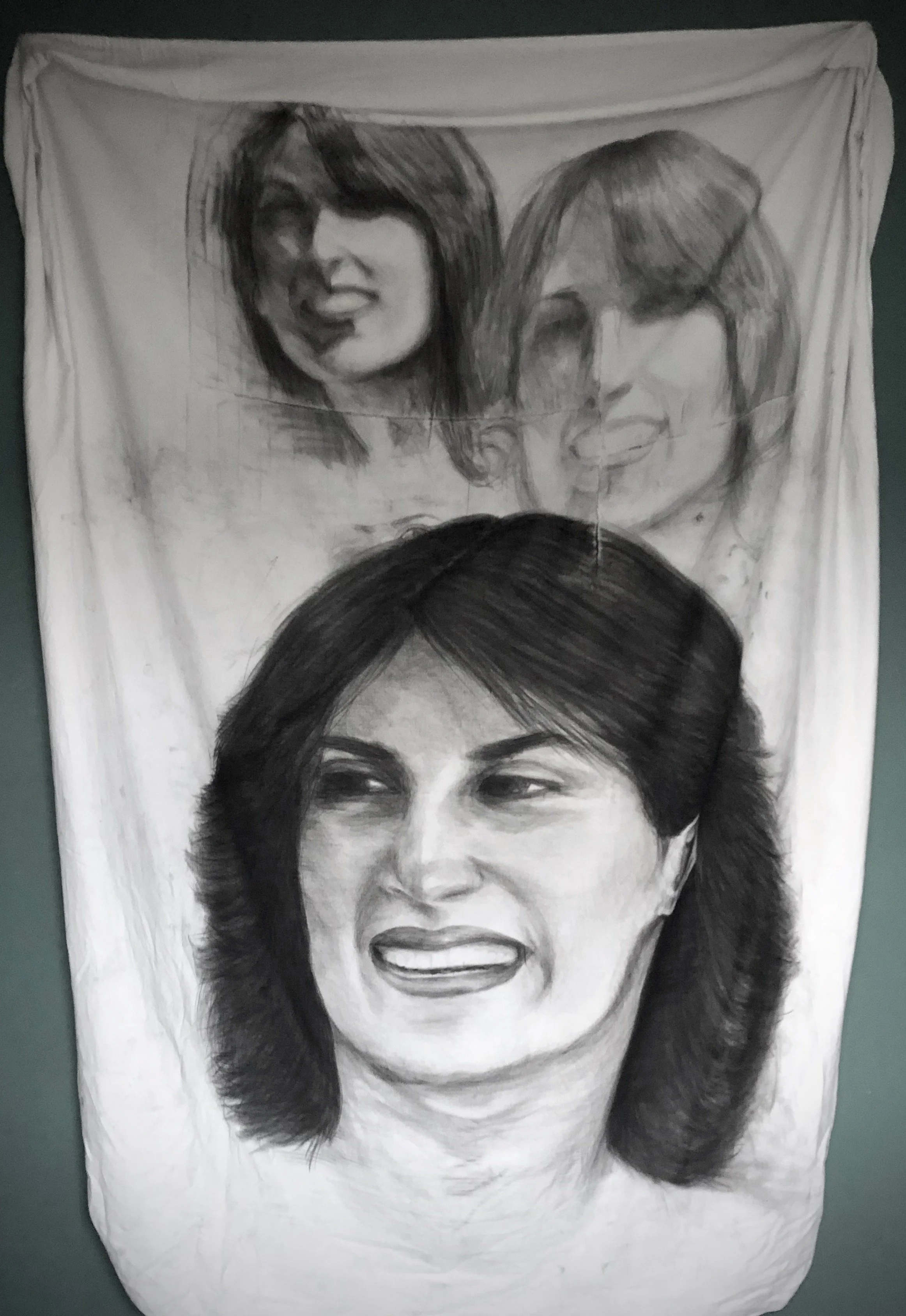 Ikhlas/Loyalty (2022): graphite, charcoal and stitches on torn bedsheet