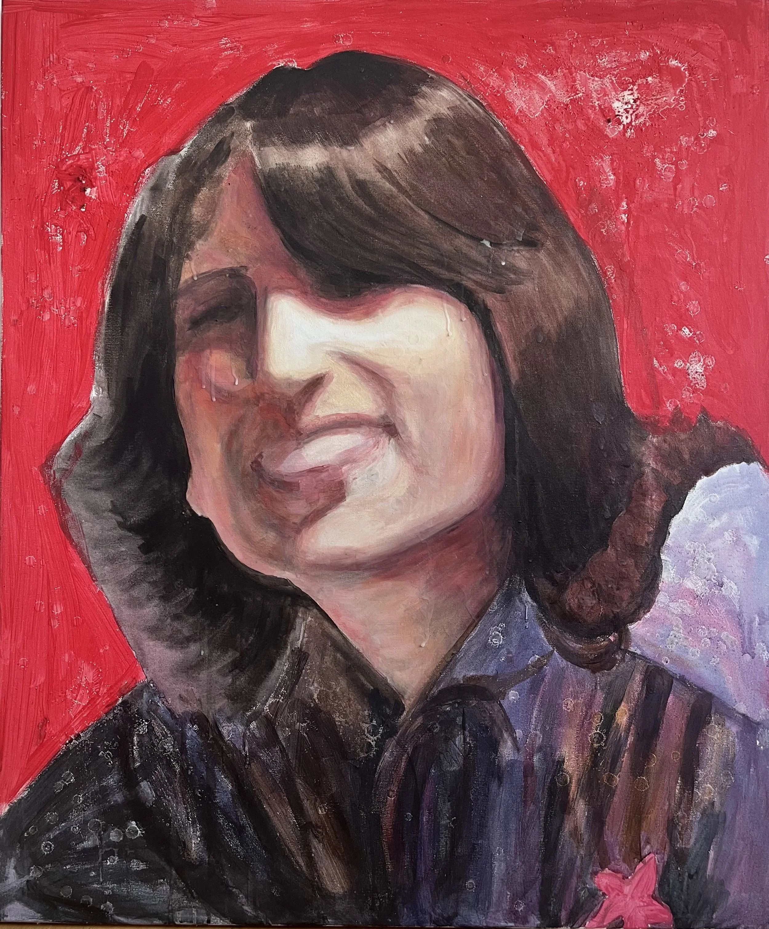 Godmother (2022) (100x120 cm)Acrylics on canvas, candle wax and incense. 