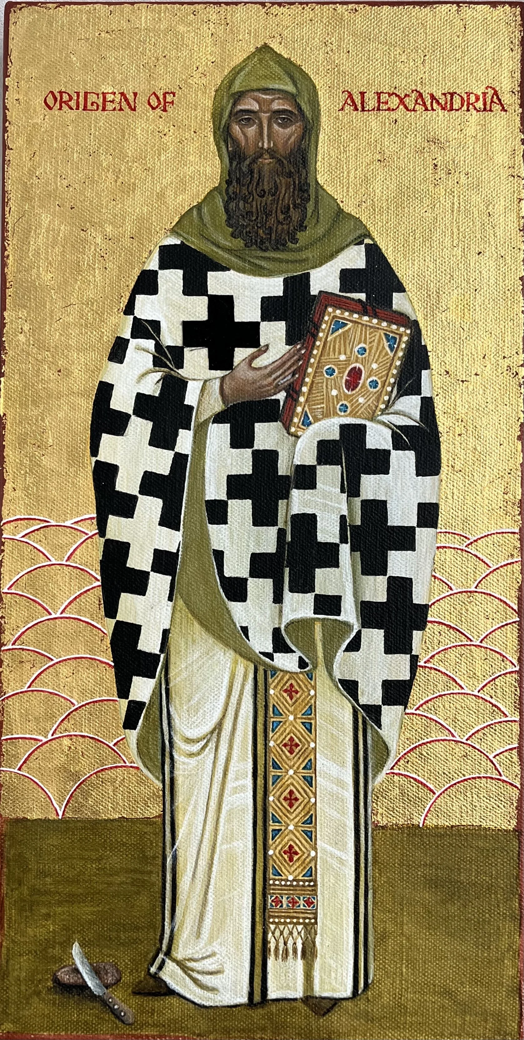 Origen of Alexandria (2022) 20x30 cm Acrylics, cloth, clay and gold leaf on stretched linen 