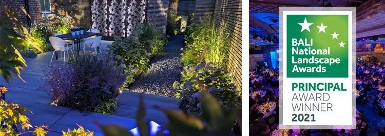 Nighttime outdoor garden with illuminated plants and seating area, and a separate award sign for the 2021 Bali National Landscape Awards, Principal Award Winner.