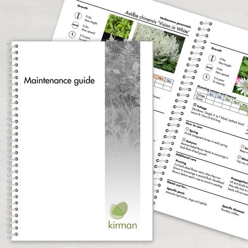 Spiral-bound plant maintenance guide and gardening worksheets with plant images, growth stages, and care instructions.