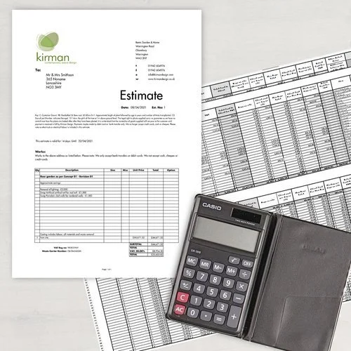 Business documents including an estimate form, printed spreadsheets, a calculator, and a wallet on a white surface.