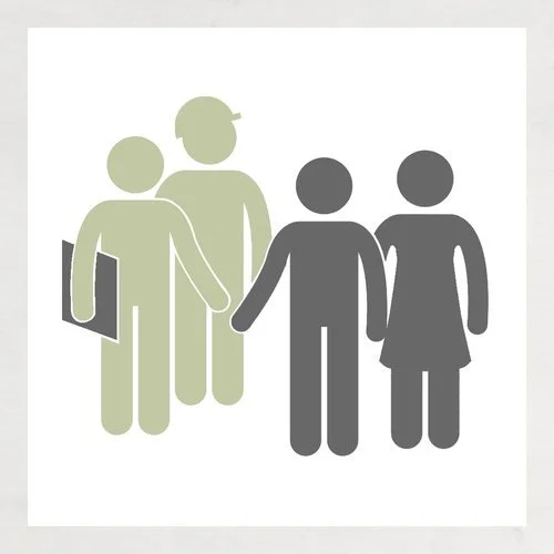 Icon of a person holding a notebook and four people, two men and two women, with the men in darker color and women in lighter color.