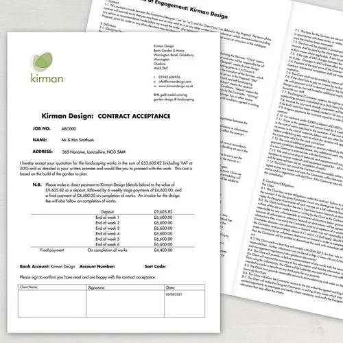 Contract acceptance letter from Kirman Design for landscaping work, addressed to Mr. and Mrs. Smithson, with payment schedule and bank details included.