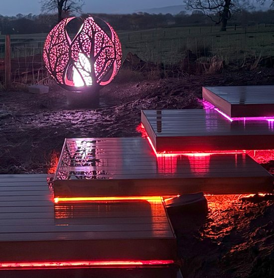 Decking underlit at night in Lancashire