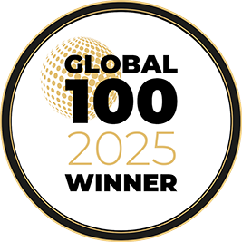 Global 100 2025 Winner badge with black, gold, and white design