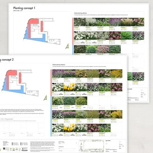 Design plans for two planting concepts showing layout diagrams and sample images of various plants and flowers with descriptions and selection details.