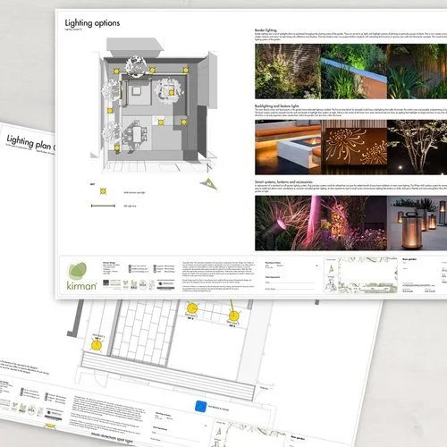 Lighting plan diagrams and reference images for landscape lighting design, including options for garden and exterior lighting features.