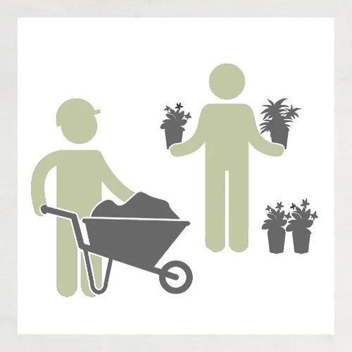 Illustration of two green silhouette figures, one pushing a wheelbarrow filled with soil and the other holding two potted plants, with additional potted plants in the background.