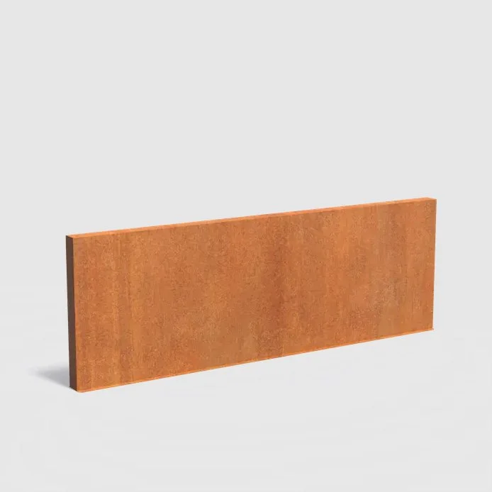A rectangular, rust-colored metal or wood panel standing upright against a light gray background.