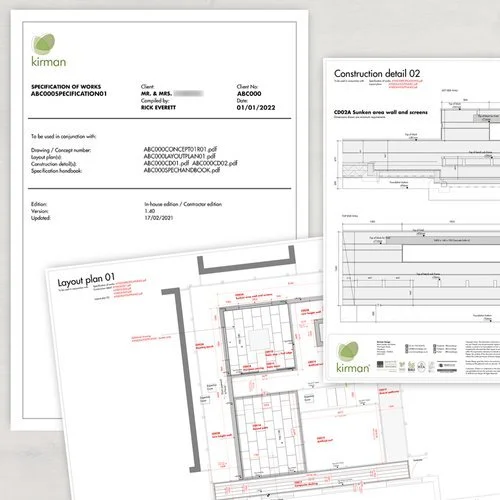 Architectural blueprint drawings and construction plans on white paper, with detailed layout and construction details, and a logo of 'kimman' on the top left corner.