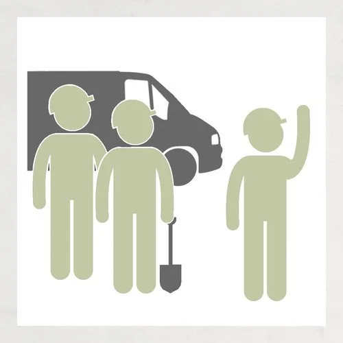Four stylized figures, three with helmets, one raising hand, standing near an emergency vehicle.