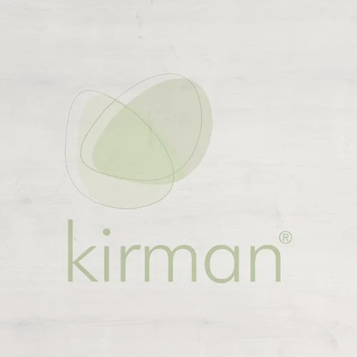 Kirman logo with abstract green and gray shapes on a white background.