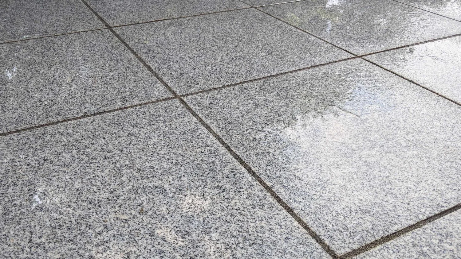 Close-up of wet grey granite tiles on ground with visible grout lines.