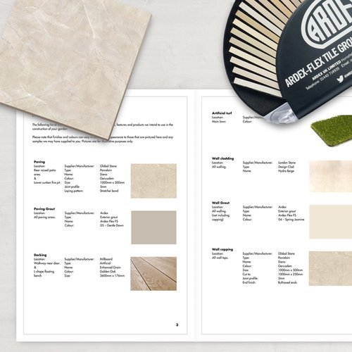 Open product catalog showing samples of tile flooring, wall cladding, and decking with descriptions and specifications.