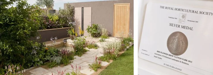 Garden with a pathway, plants, and flowers on the left; certificate with a silver medal on the right.