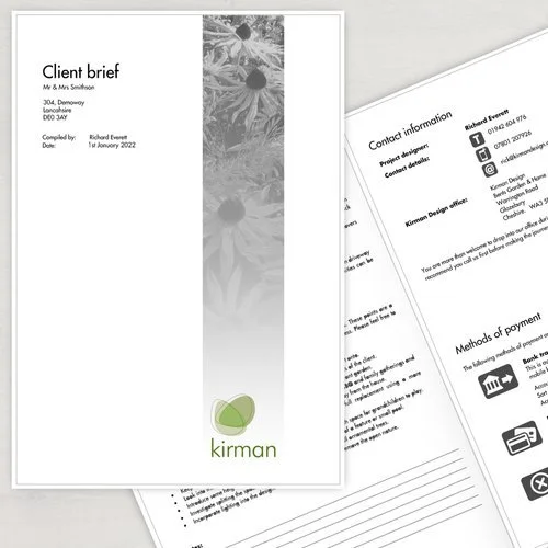 Client brief document titled 'Client brief' with the logo and name 'Kirmann' at the bottom, placed on top of other papers with contact and payment information, in an office setting.