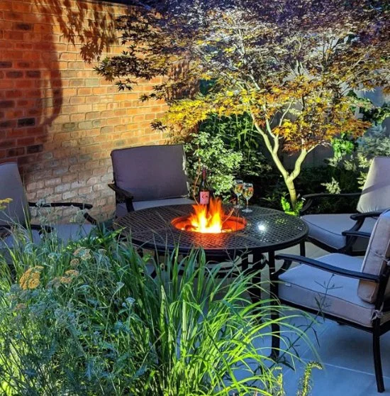 Luxury outdoor fire pit installed by Kirman Design in Clitheroe