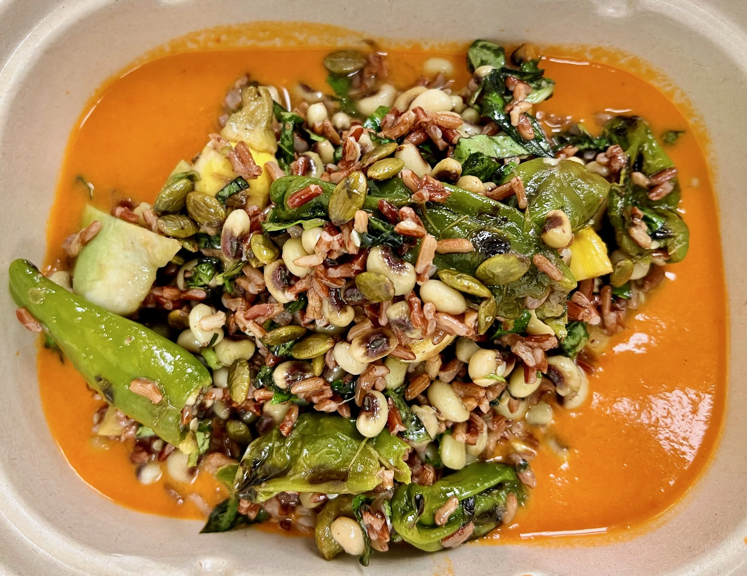 Vegetable Cereal: Southern Peas, cucumbers, eggplant, pickled onions, pumpkin seeds, gazpacho