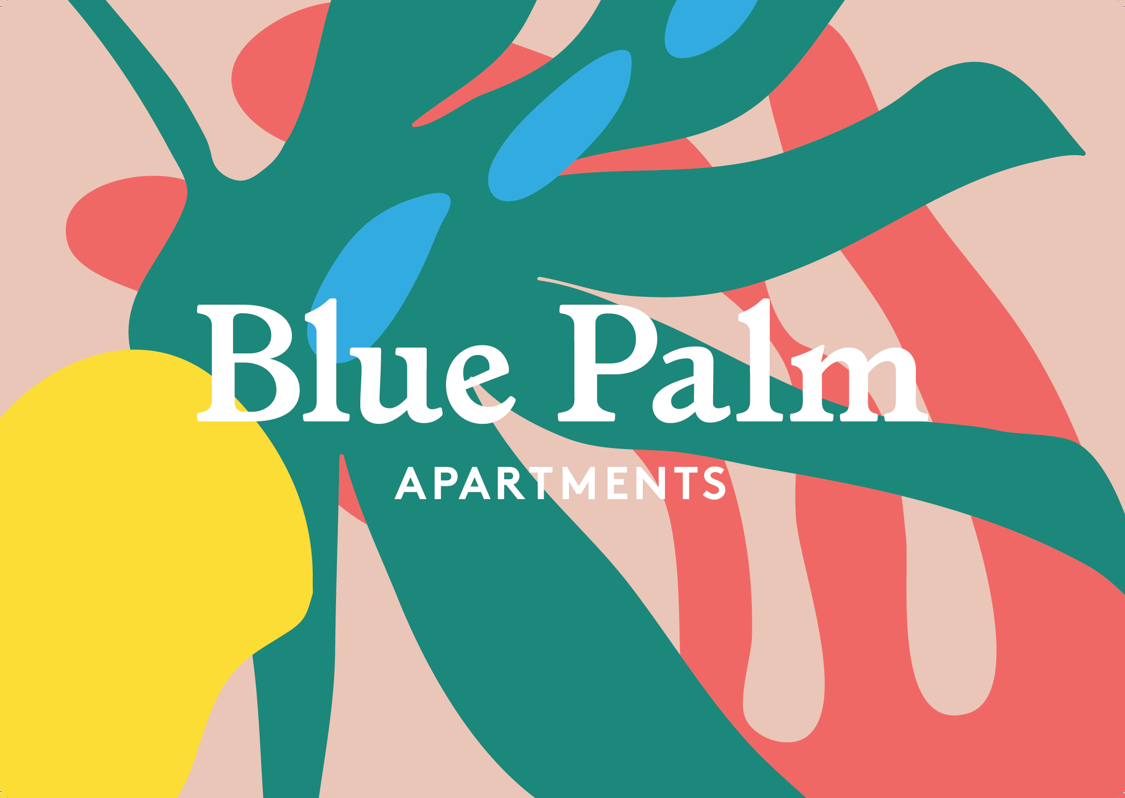 Cover design with abstract colorful shapes, large yellow circle, and text reading 'Blue Palm Apartments.'