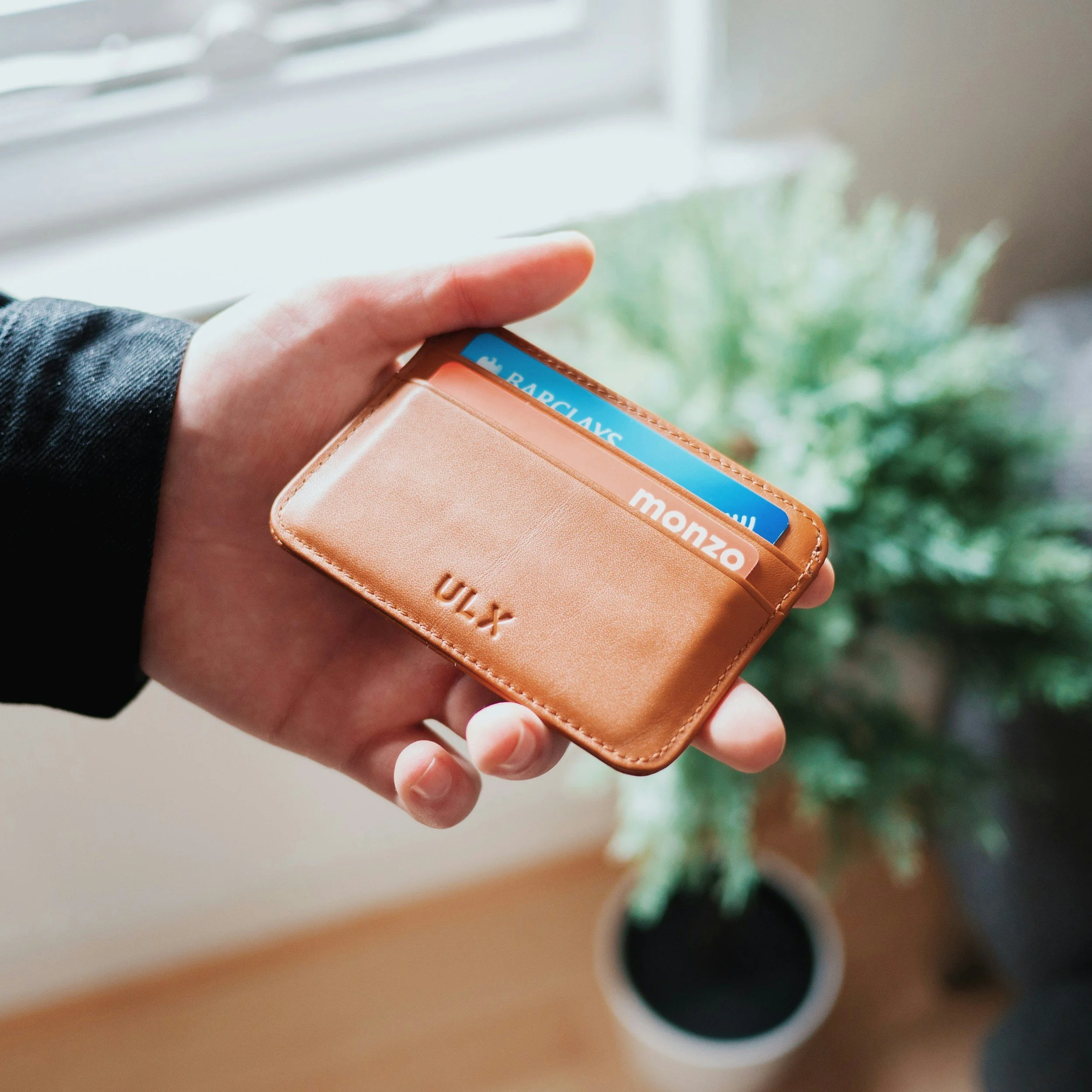 A person's hand holds a brown wallet with a blue card that has the words 'REWARDS' and 'MEMBRANE' visible, in front of a blurred background of round objects.