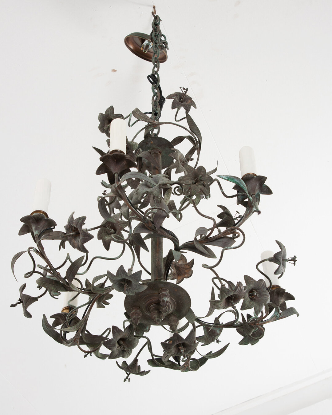 A stunning six light French 19th Century Floral Cathedral Chandelier. Shaped in the likeness of intertwining lilies- fantastically detailed metalwork and oxidation give this light fixture so much character. View the detailed images to get a closer lo
