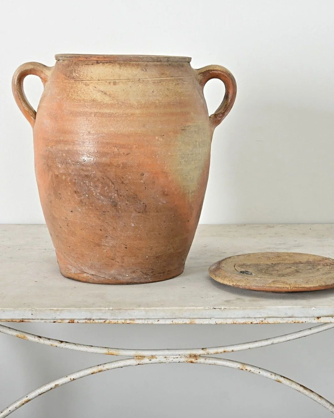 French Vintage Stoneware Lidded Crock would have been used to store & preserve foods. Provincial confit-type pot with handles & lid, glazed in a blend of earth tones over the ribbed body with wabi-sabi organic quality, a unique work of cerami
