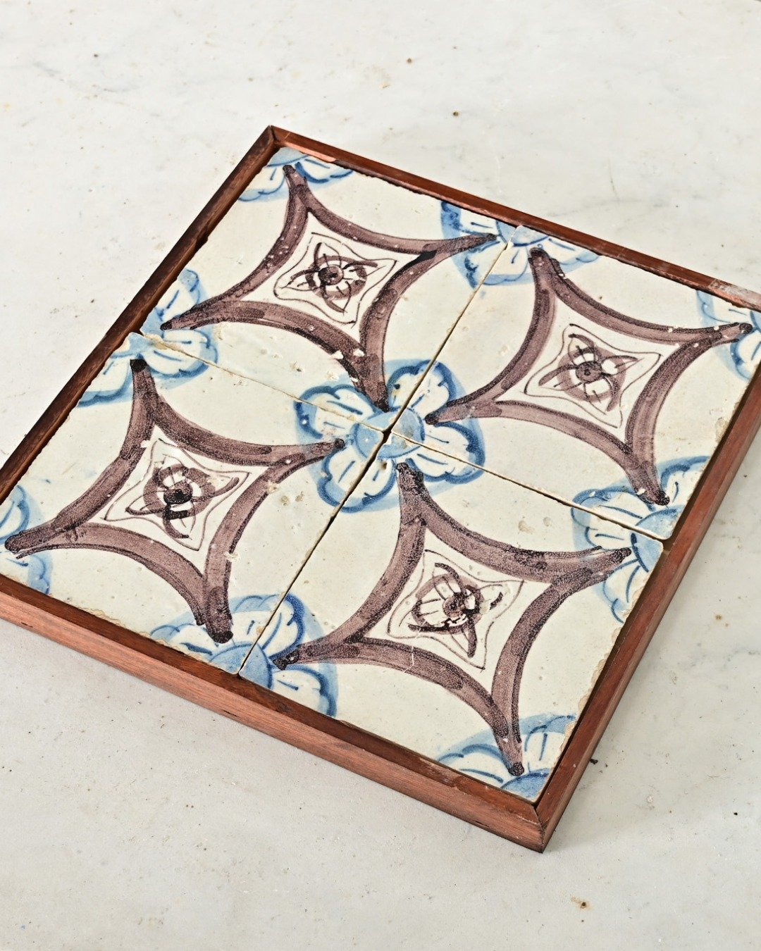 Framed Set of 18th Century Portuguese Tiles showcasing the artistry &amp; industry of Portuguese azulejos tiles. A tradition that dates back many centuries as a practical, architectural surface with strong visual impact.
.
This inspiring collection o