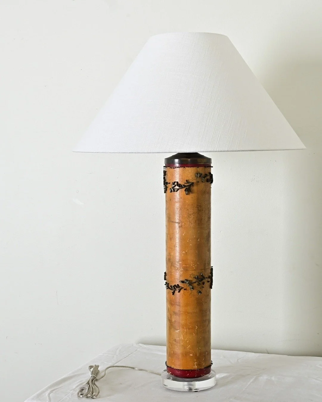 Wonderful Vintage Lamp Made from Wallpaper Ink Roller repurposed with new, conical shade in white linen. The wood cylinder is dotted by what remains of the floral &amp; foliate brass stamp that would have printed a design onto paper, with other faint