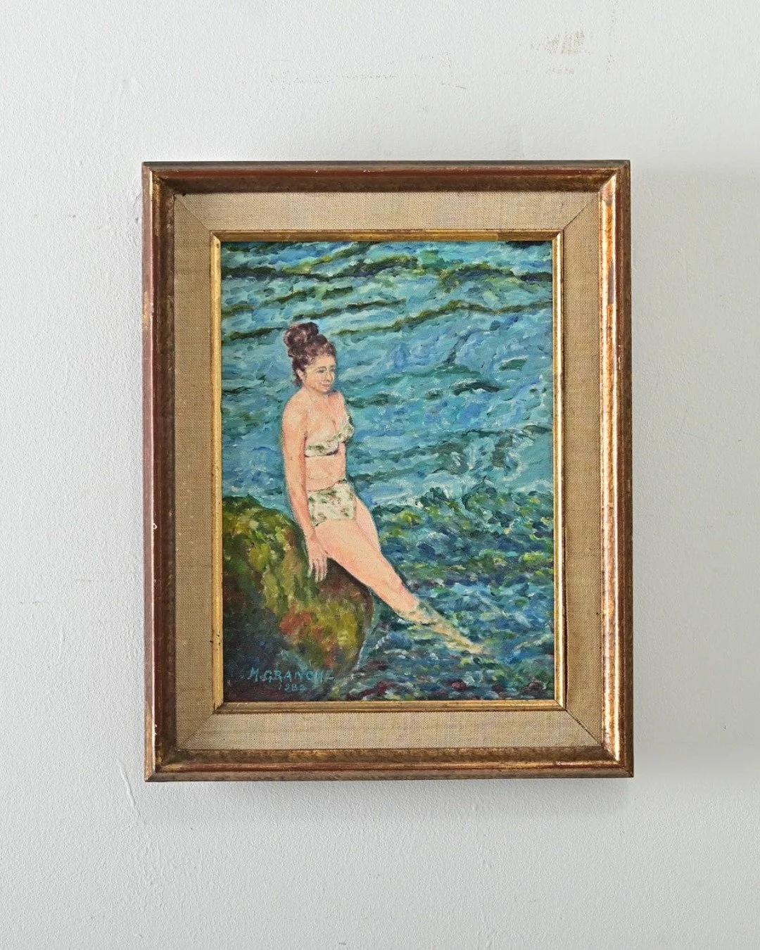 French Vintage Framed Portrait of a Lady Swimming, late 20th century framed oil painting of a lady enjoying some time at the beach, &ldquo;Lydie&rdquo; as indicated on the reverse, painted by her husband to remember their holiday at Collioure, the re