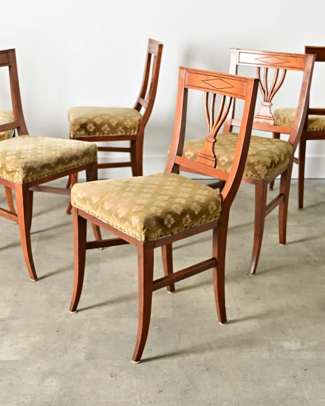 Fabulous Swedish 19th Century Carved Oak Dining Chairs with soft cut-velvet seats &amp; curvaceous pierced back splat of stylized openwork palmette design below a thick upper rail carved with a diamond, emphasized by natural wood patina!
.
The sage-g