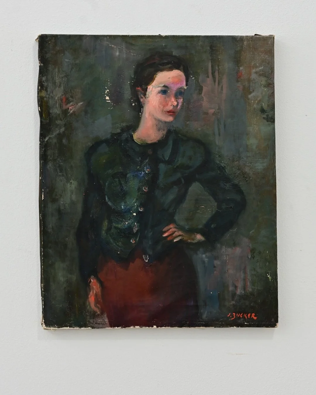 French 19th Century Portrait of a Woman in Green Blouse, circa 1890. A beautiful young woman with pronounced red lips in a fitted blouse that complements her complexion with the dark palette blending tones of emerald, pink &amp; red.
.
The style bala