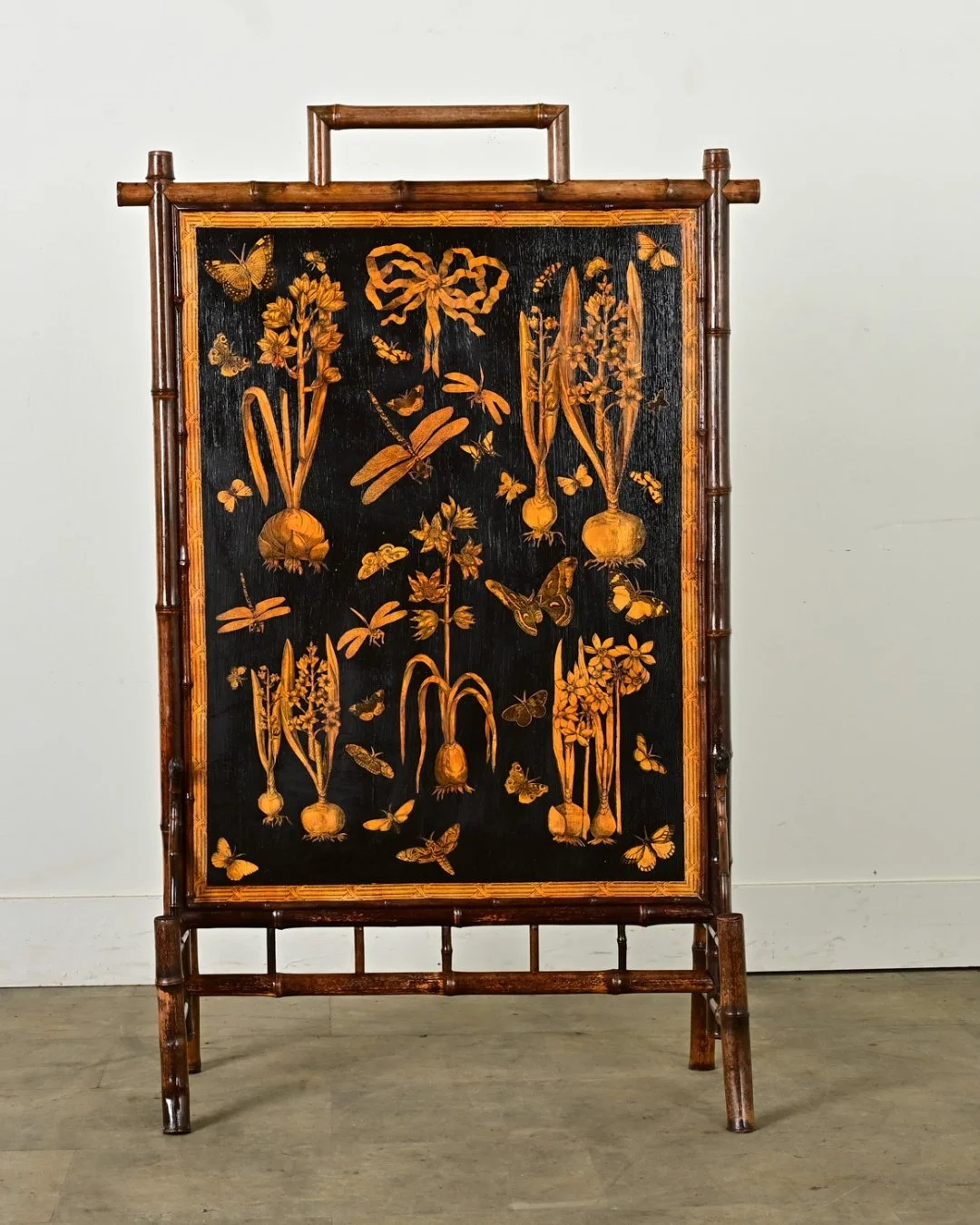 French 19th Century Bamboo &amp; Decoupage Fireplace Screen made circa 1890 of bamboo, recently updated in England in ebonized finish &amp; decoupaged for an horticultural theme. Scientific illustrations of hyacinth, butterflies &amp; dragonflies app