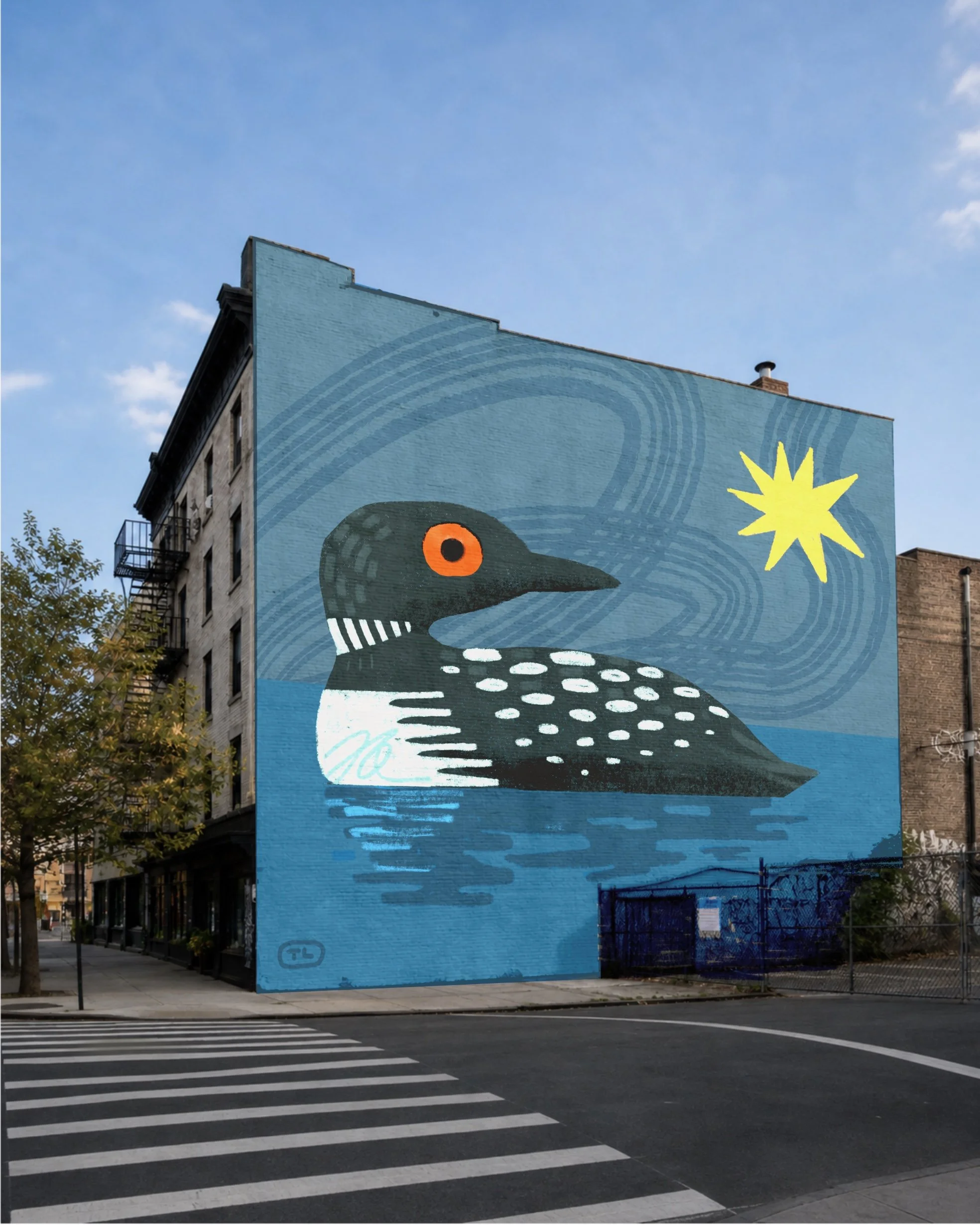 A mural of a graphically illustrated loon floating in water on a building that is 5 stories tall