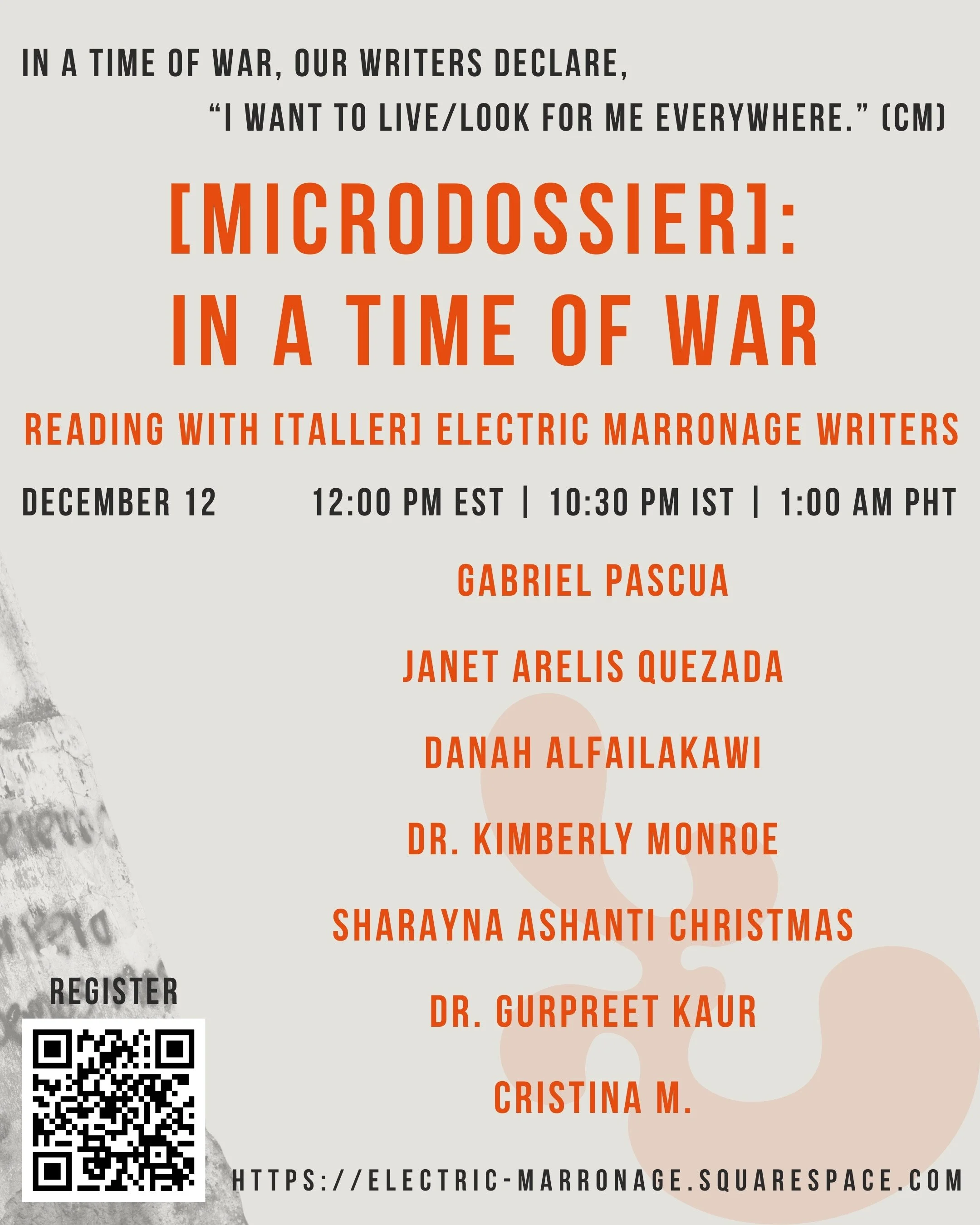 Virtual Reading w/ the writers of EM’s recent microdossier, “In a time of War.” 
