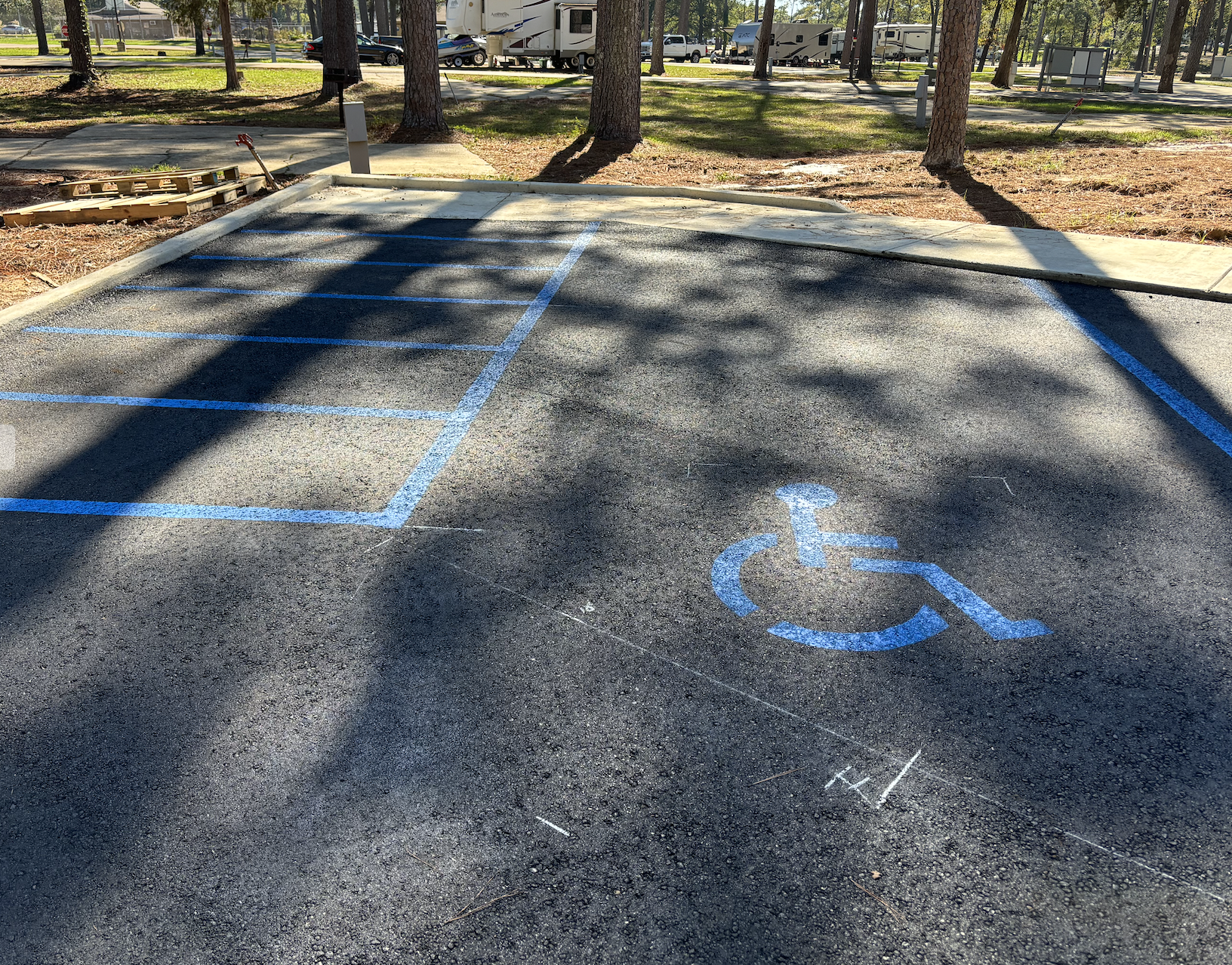 Empty parking space marked with blue lines, featuring a wheelchair accessibility symbol painted on the asphalt, surrounded by trees and RVs in the background.