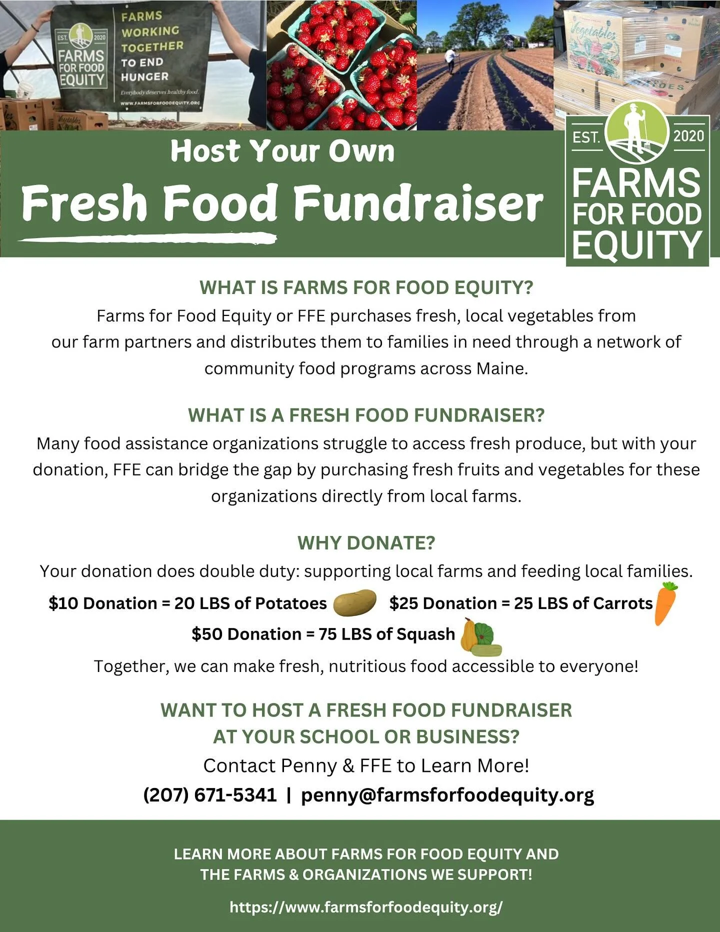🍎 Help Us Get Fresh Food to Families in Need!

Did you know many families in Maine struggle to access fresh, healthy produce? Farms for Food Equity (FFE) bridges the gap by purchasing fresh fruits and veggies from local farms and distributing them t