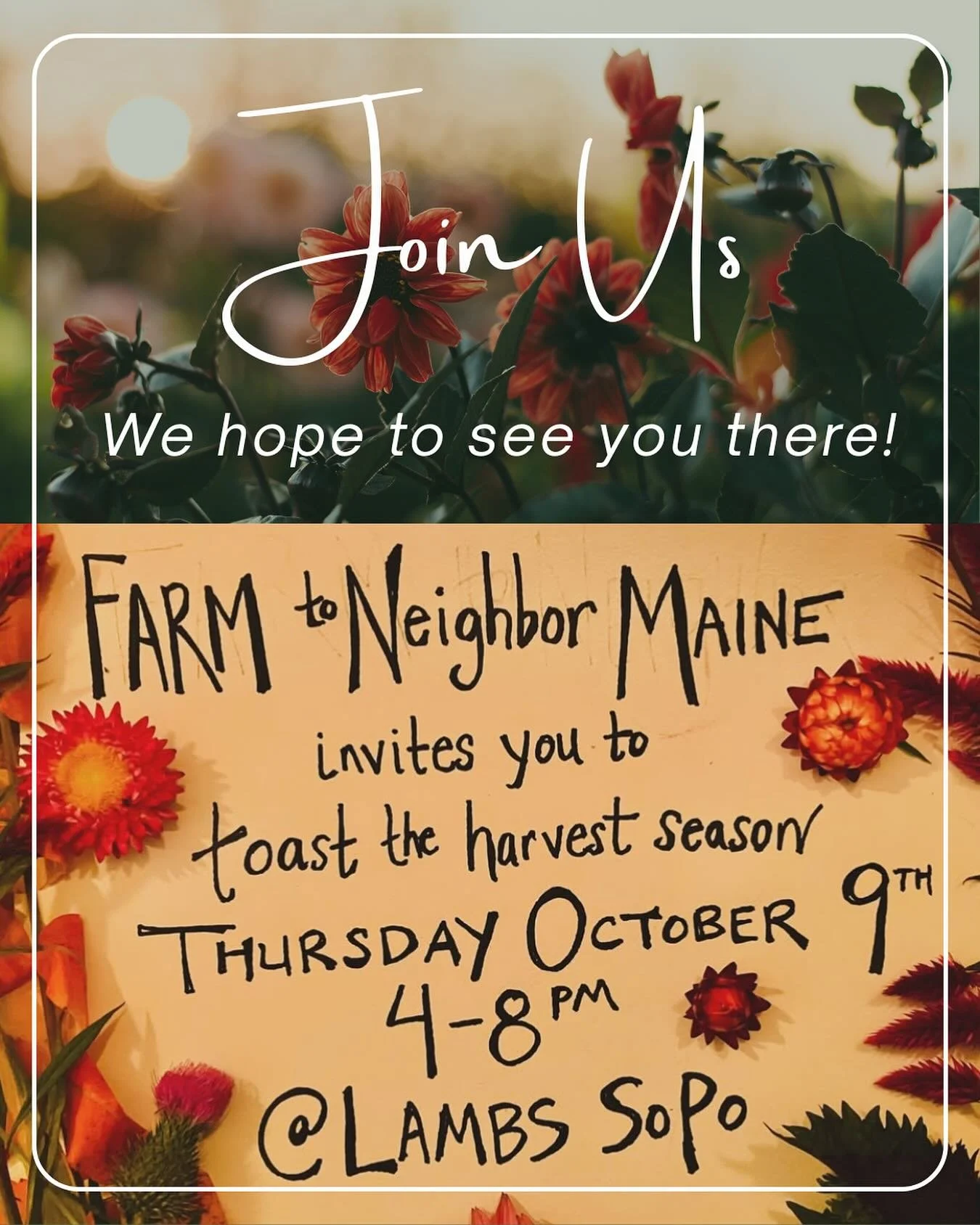 ✨You&rsquo;re invited! Join us this Thursday, 10/9, from 4&ndash;8 PM at @lambsmaine in South Portland for a community gathering to toast the 2025 harvest season and dream together about what comes next.

This event is free and open to all&mdash;whet
