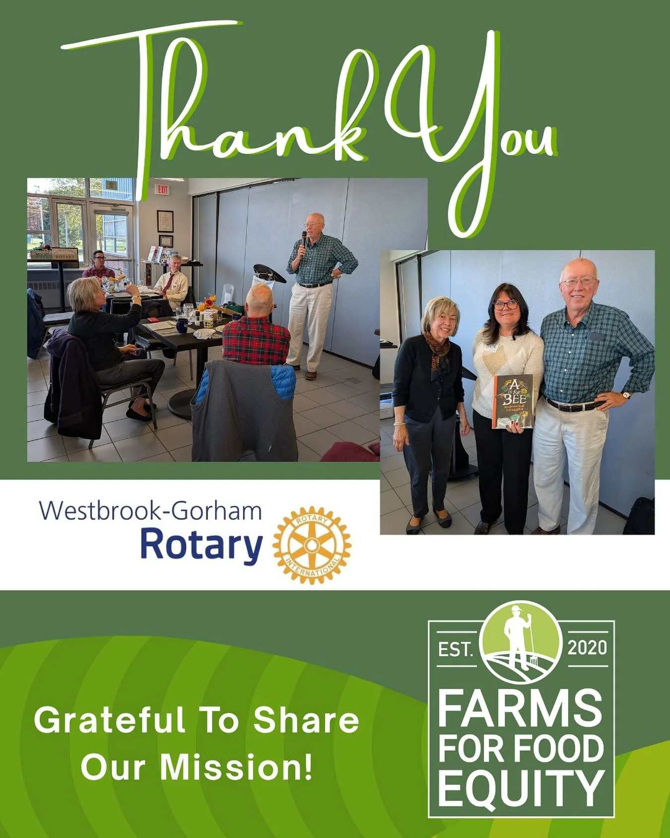 💚 A heartfelt thank you to the Westbrook-Gorham Rotary Club for welcoming Farms for Food Equity at your recent meeting! We&rsquo;re so grateful for the opportunity to share our mission&mdash;Supporting Maine farmers by feeding Maine people.

Special