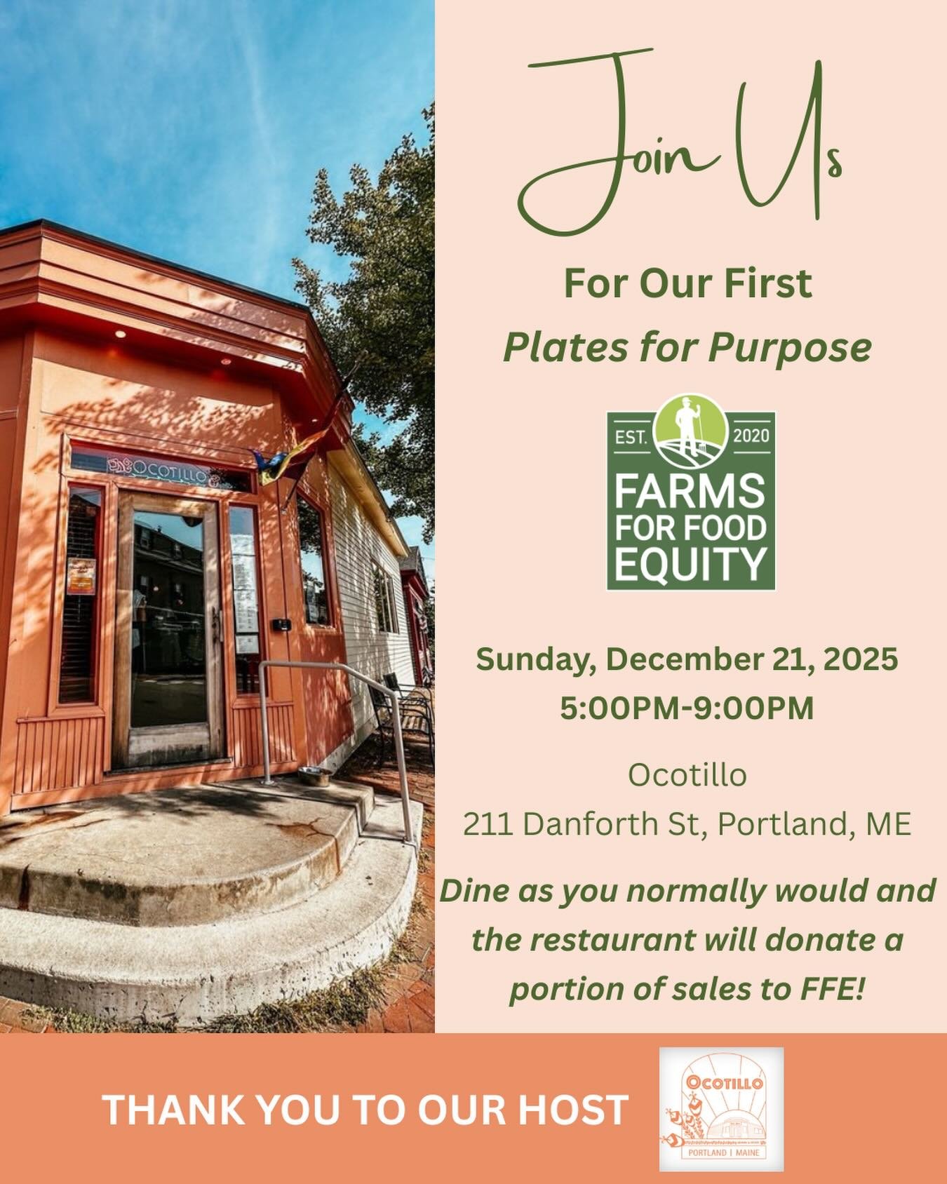 Our first Plates for Purpose dinner is coming up at Ocotillo 🍽️✨

Join us for great food and a great cause&mdash;Ocotillo will be donating a portion of the evening&rsquo;s sales to support Farms for Food Equity.

📍 Ocotillo, 211 Danforth St, Portla