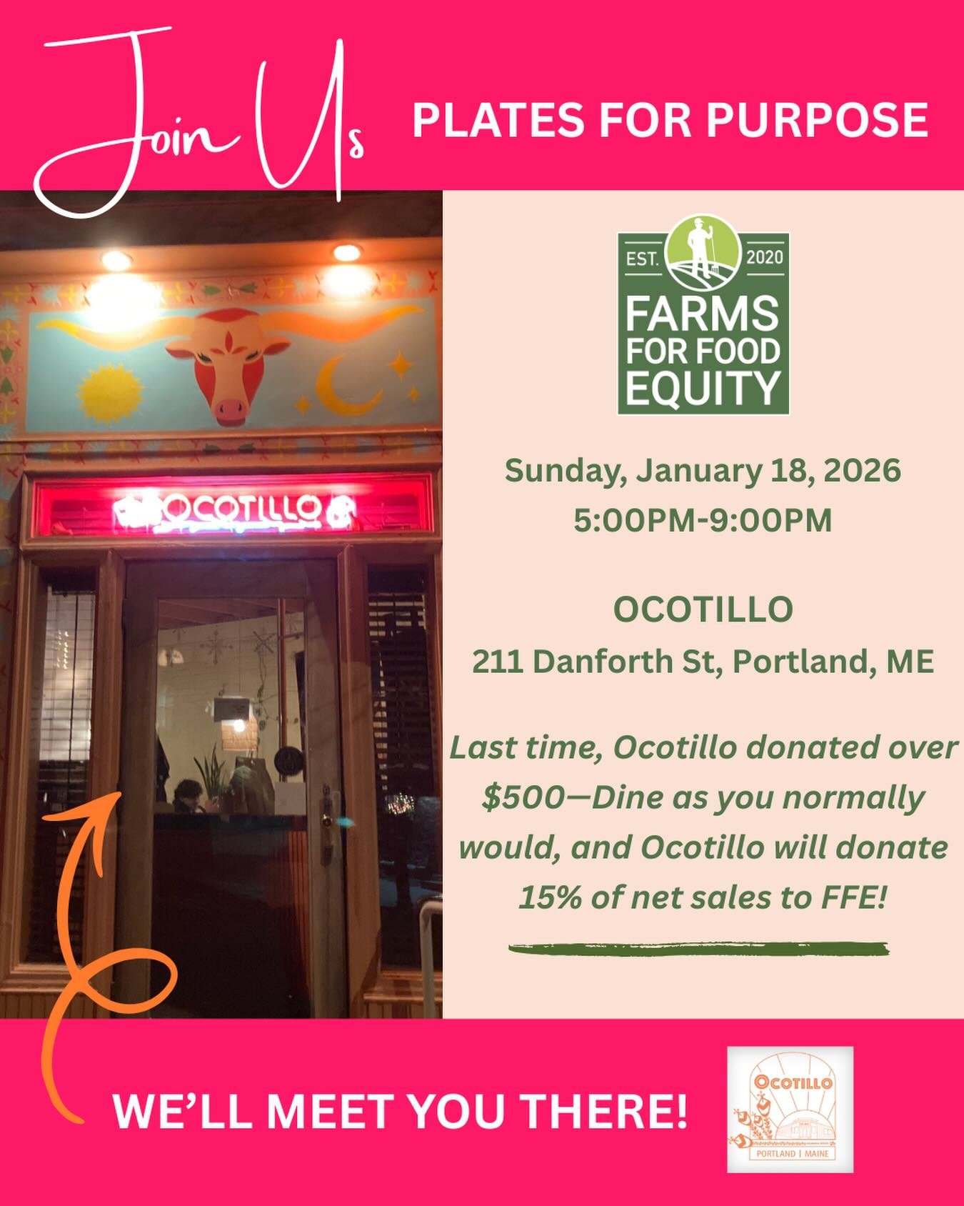 Join us AGAIN at Ocotillo for our next Plates for Purpose night! 🍽️✨

📅 Sunday, January 18, 2026
⏰ 5:00&ndash;9:00 PM
📍 Ocotillo | 211 Danforth St, Portland, ME

Last time, Ocotillo donated over $500 to support Farms for Food Equity&mdash;let&rsqu
