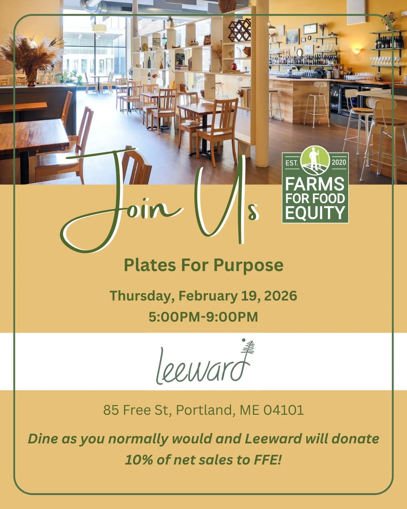 Plates for Purpose at Leeward 🍽️

Join us on Thursday, February 19th from 5&ndash;9 PM at @leewardmaine for a special evening in support of Farms for Food Equity.

On this night, Leeward will donate 10% of net sales to @farmsforfoodequity to help su