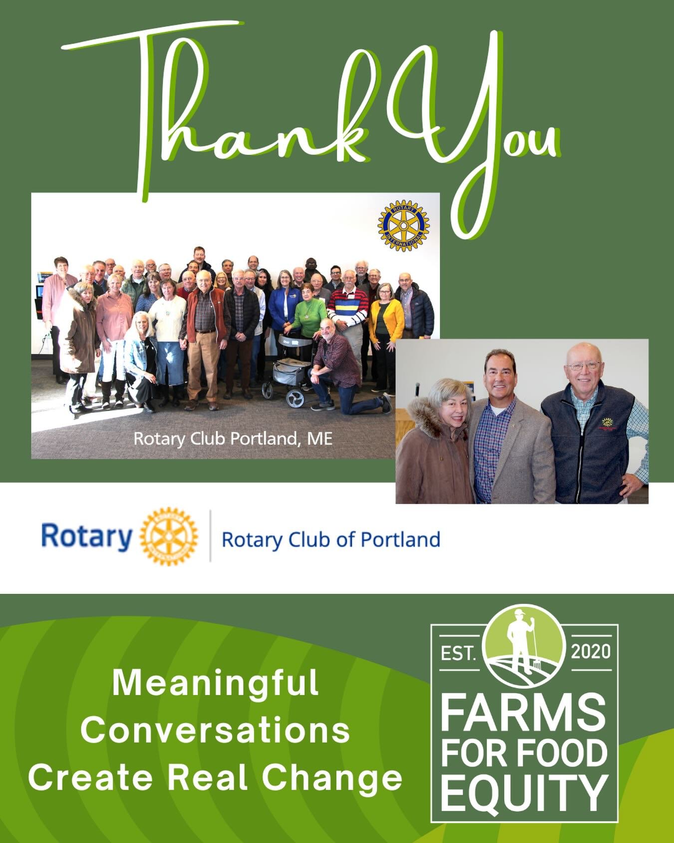 We&rsquo;re incredibly grateful to the Portland Rotary Club for welcoming Farms for Food Equity to speak this week.

It was a privilege to share our work and talk about something that surprises so many people &mdash; how much fresh, nourishing food c