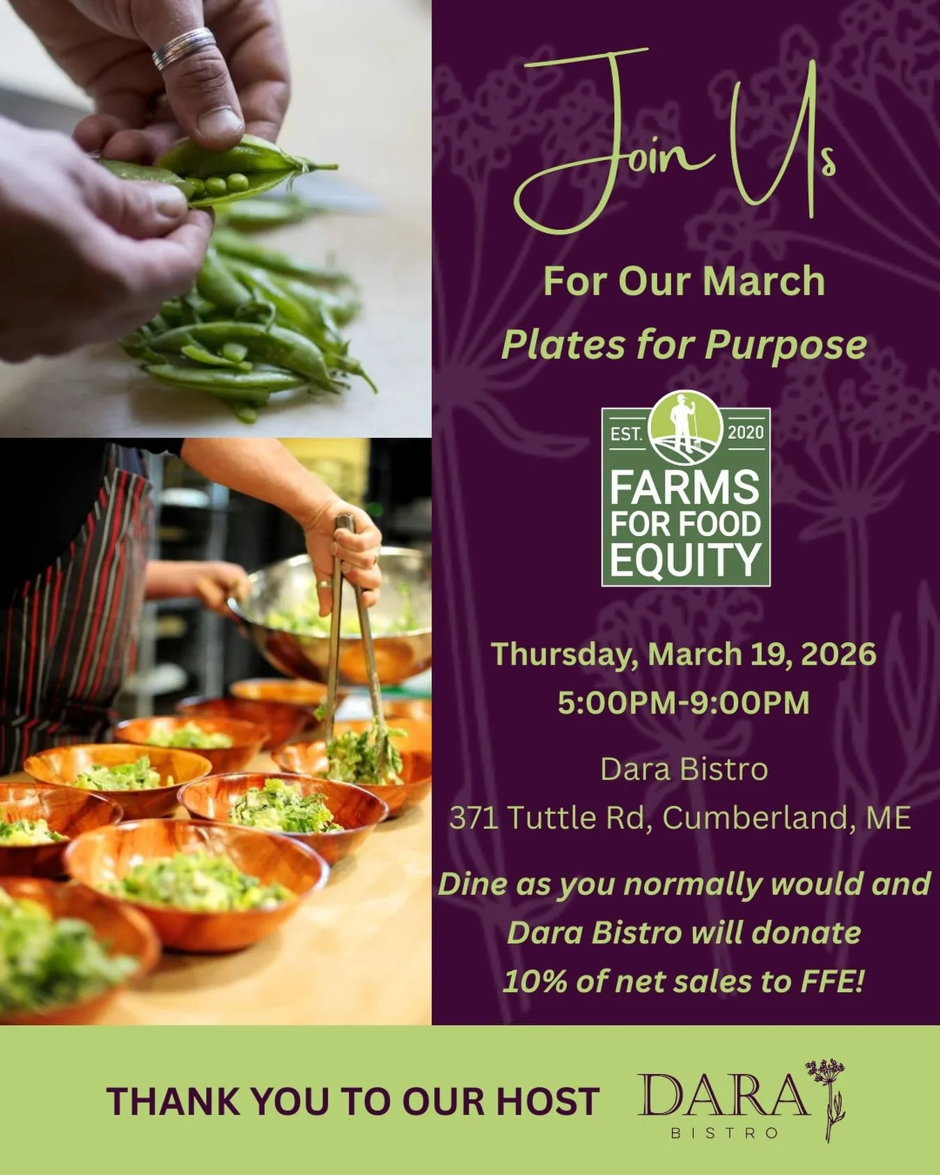March Plates for Purpose is almost here 🌱

Join us on Thursday, March 19 from 5&ndash;9PM at Dara Bistro in Cumberland for an evening where dining out makes a direct impact. Simply enjoy dinner as you normally would, and Dara Bistro will generously 