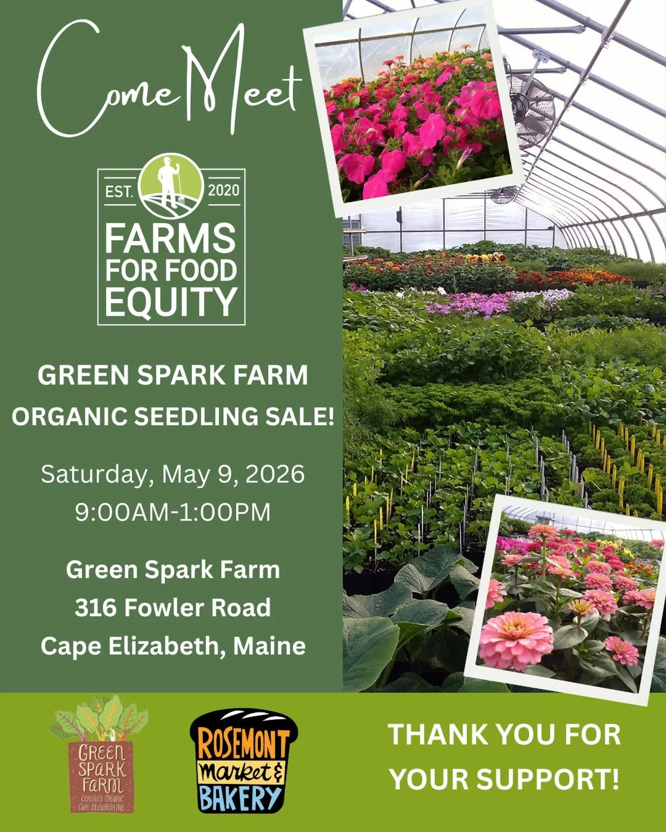 Meet Farms for Food Equity at Green Spark Farm! 🌱

FFE is excited to be at Green Spark Farm&rsquo;s Annual Organic Seedling Sale on Saturday, May 9th from 9AM&ndash;1PM (316 Fowler Road, Cape Elizabeth, ME) for a vibrant spring community event!

Sto