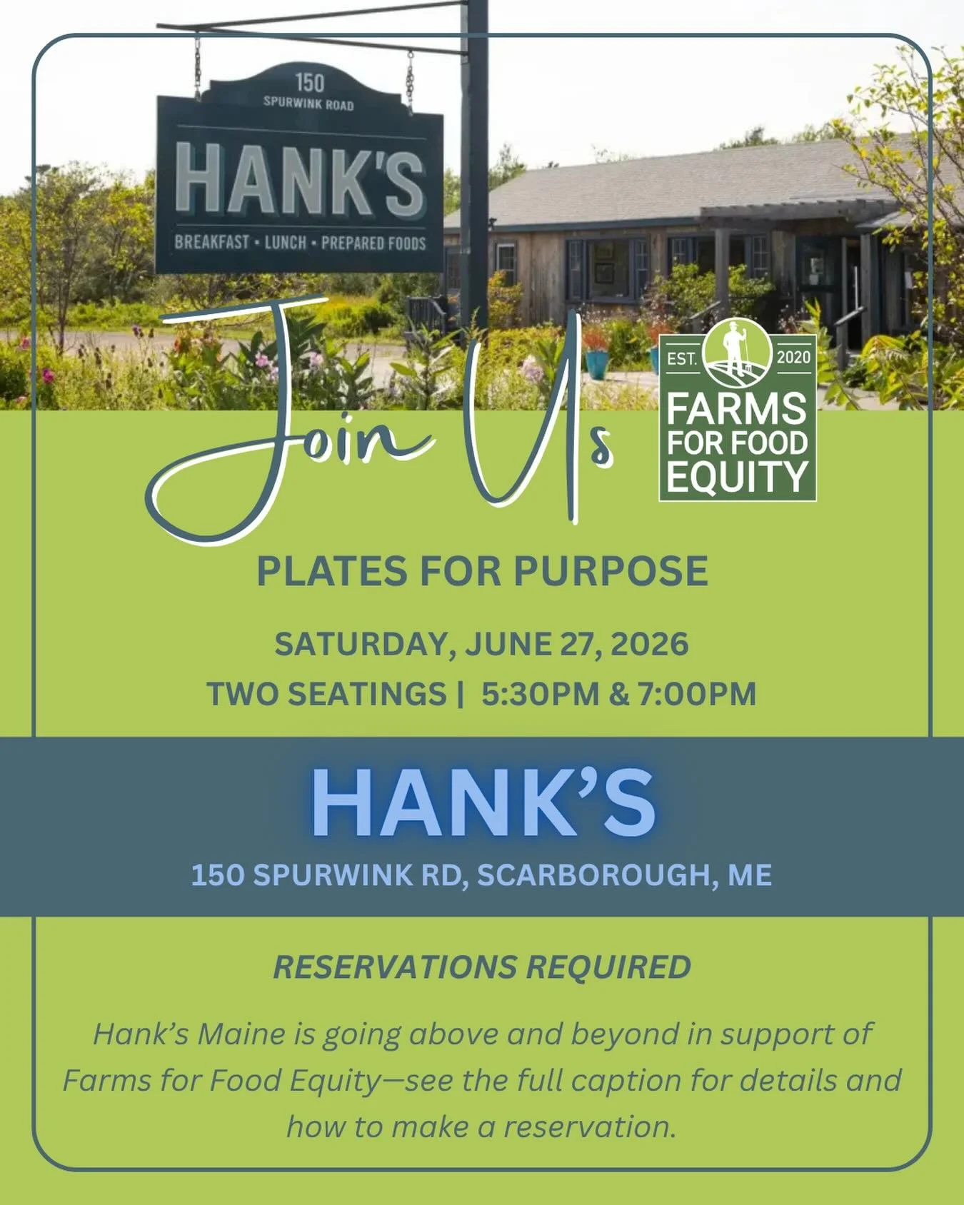 Join us for a special Saturday dinner service at Hank&rsquo;s Maine in support of Farms for Food Equity 💚

For one night only, Hank&rsquo;s Maine will open on Saturday, June 27, 2026, to host a community-driven evening centered on seasonal food and 